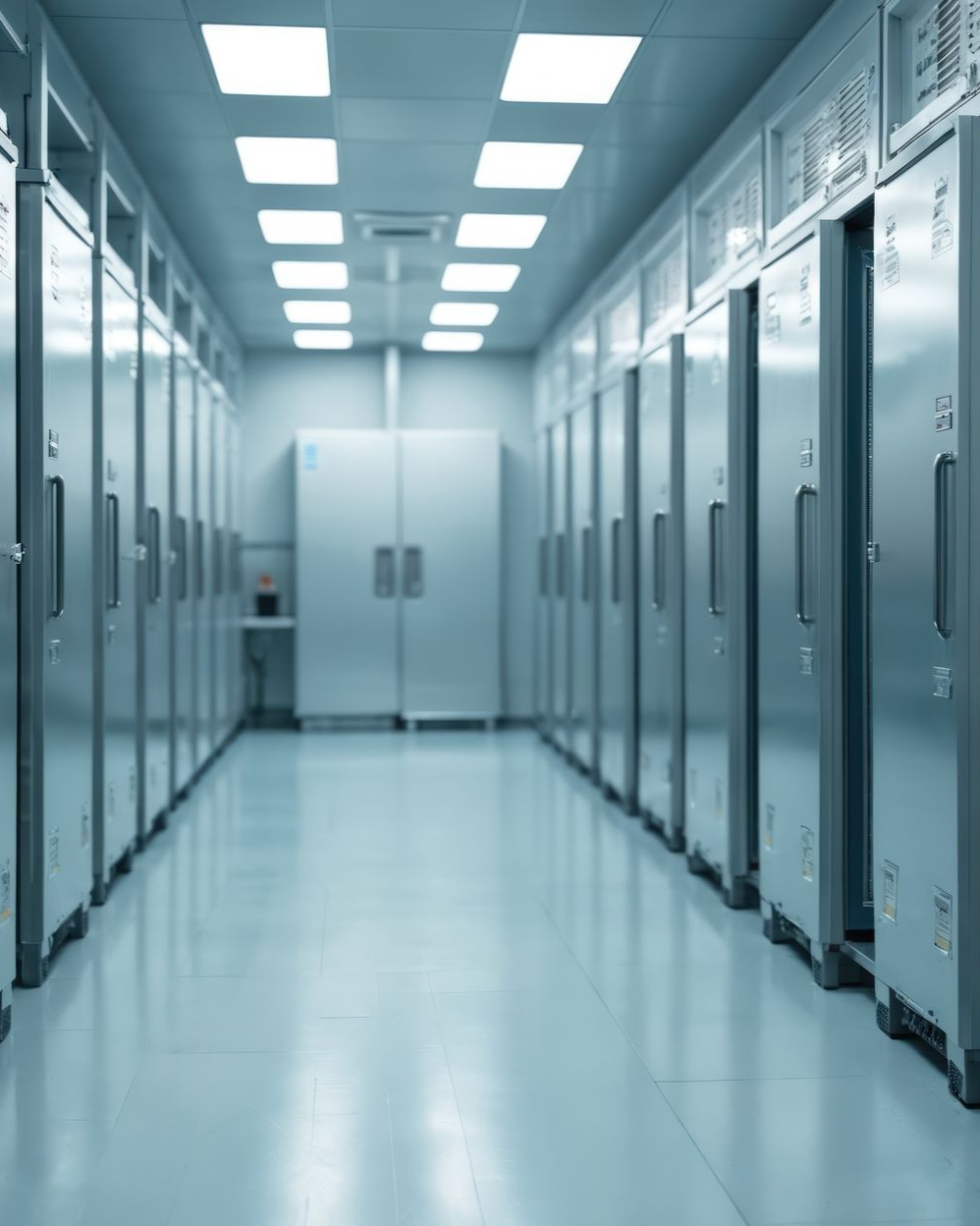 Long couloir avec des portes métalliques.