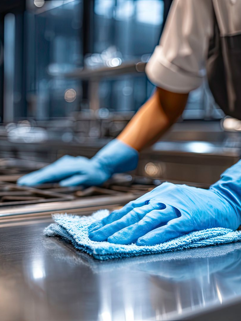 Une personne portant des gants bleus essuie un comptoir de cuisine en acier inoxydable avec un chiffon bleu.