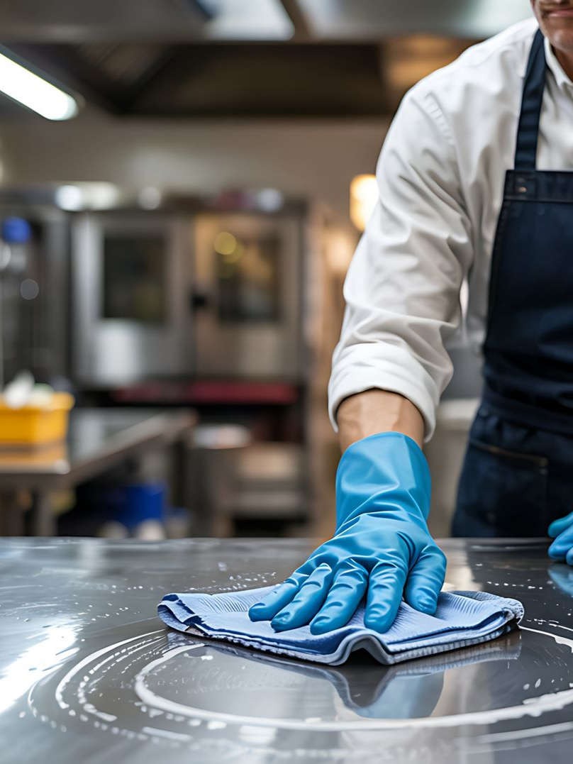 Une personne nettoie un comptoir en acier inoxydable dans une cuisine professionnelle.