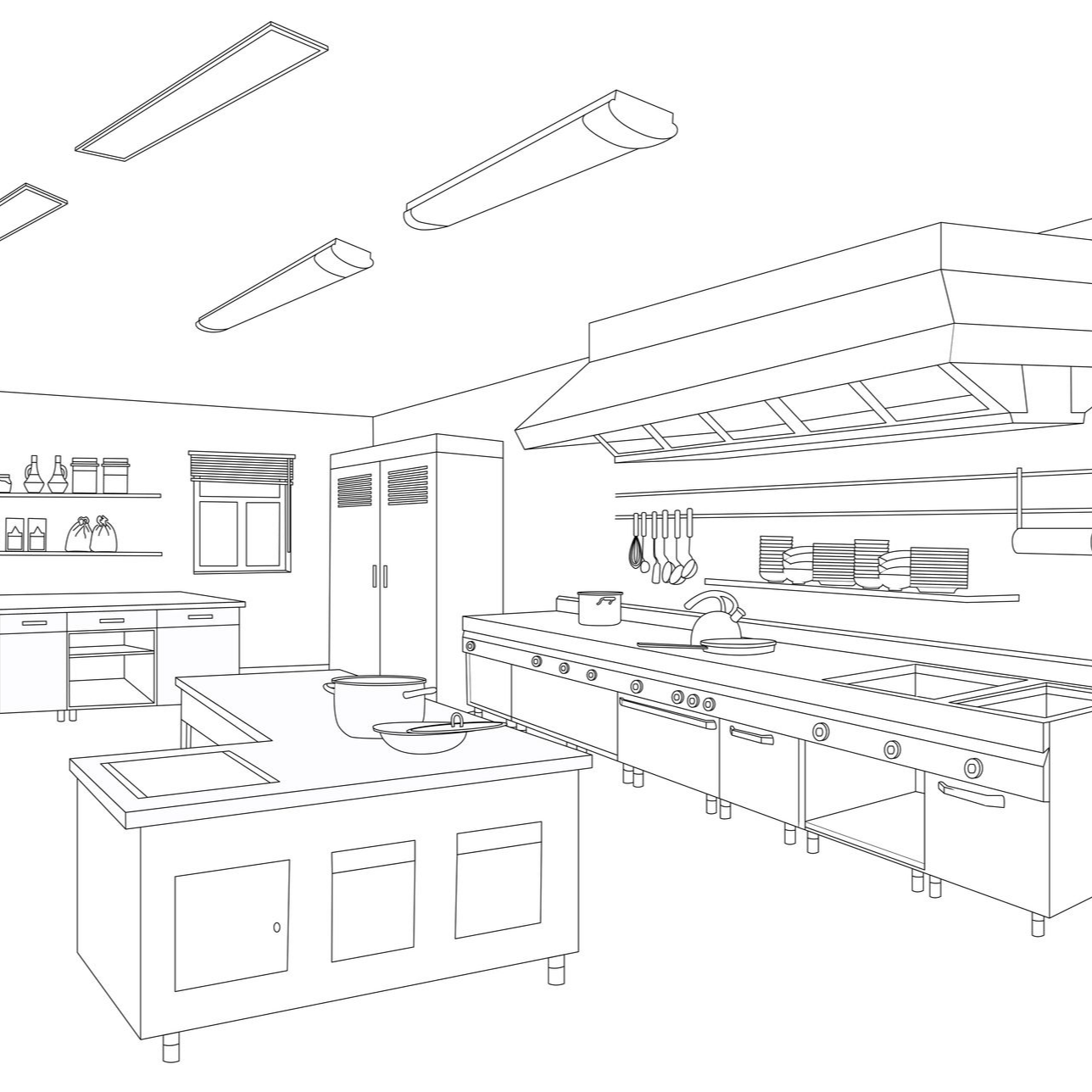 Dessin au trait d'une cuisine moderne avec évier, plaque de cuisson, placards et porte.