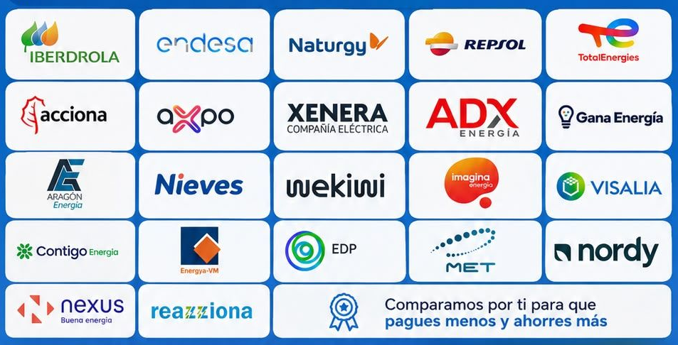 Collage of Spanish energy company logos with a blue banner reading “Comparamos por ti para que pagues menos y ahorres más”