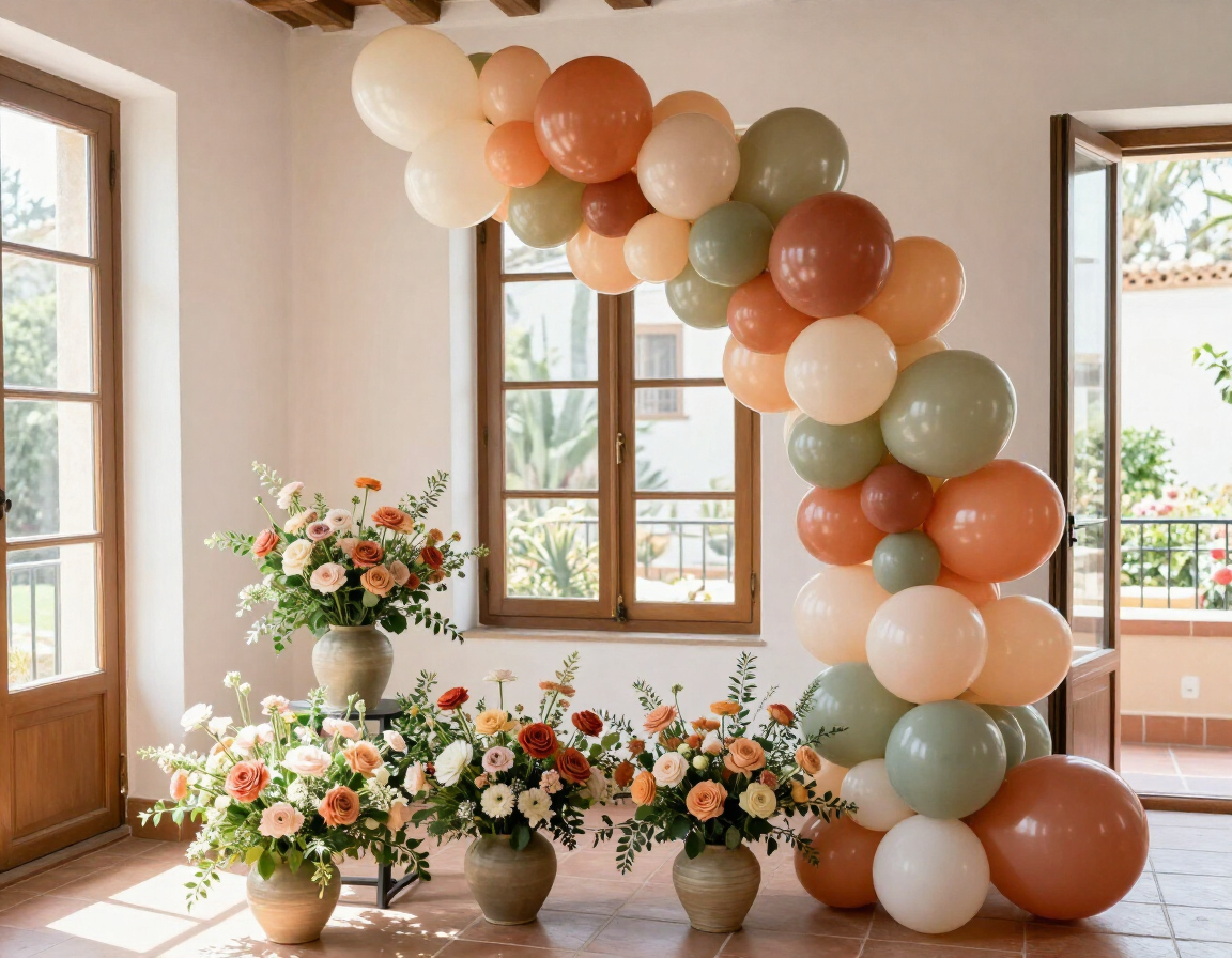 Arco de globos en tonos pastel junto a arreglos florales en una habitación luminosa con ventanas y suelo de madera