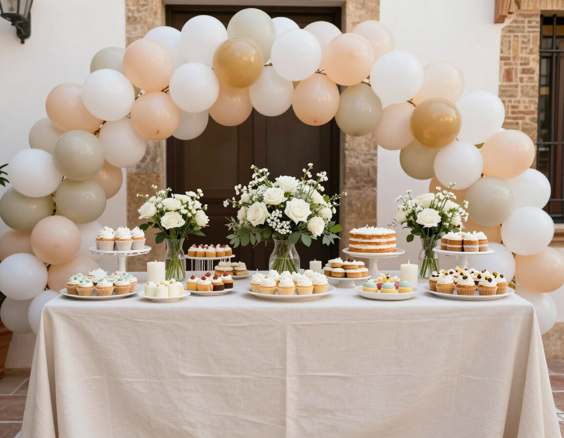 Elegante mesa de postres bajo un arco de globos blancos y beige, con tartas, flores y pasteles al aire libre