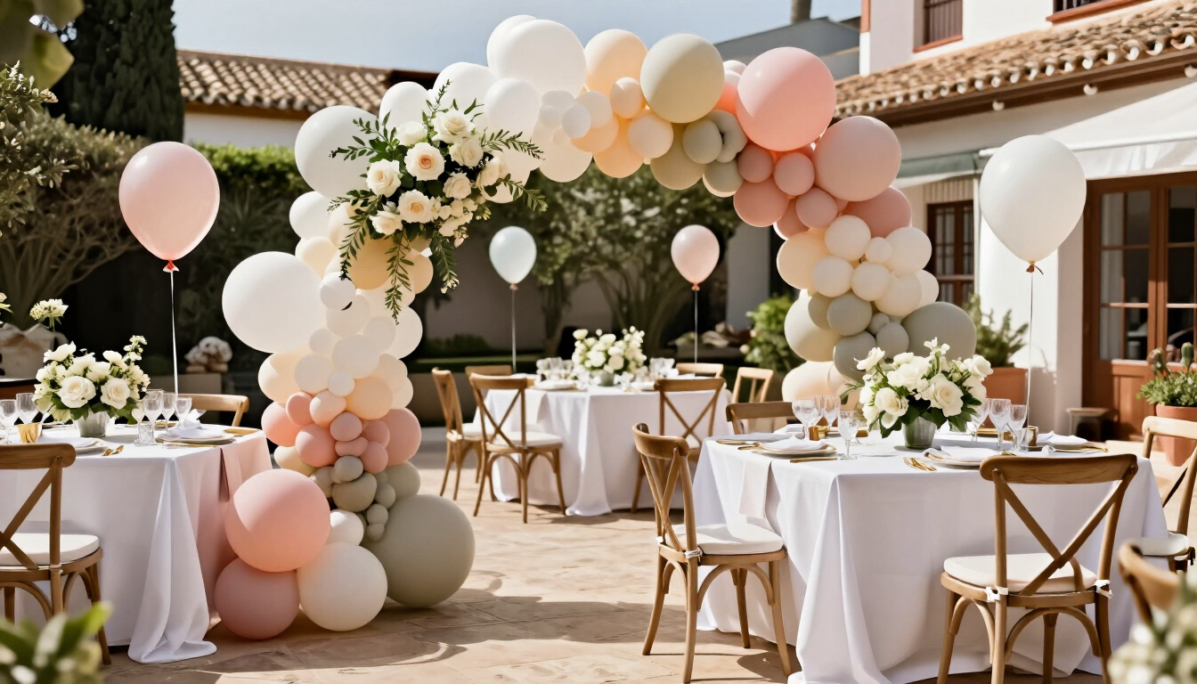 Arco de globos en tonos pastel y mesas de recepción de boda decoradas con flores en un soleado patio al aire libre