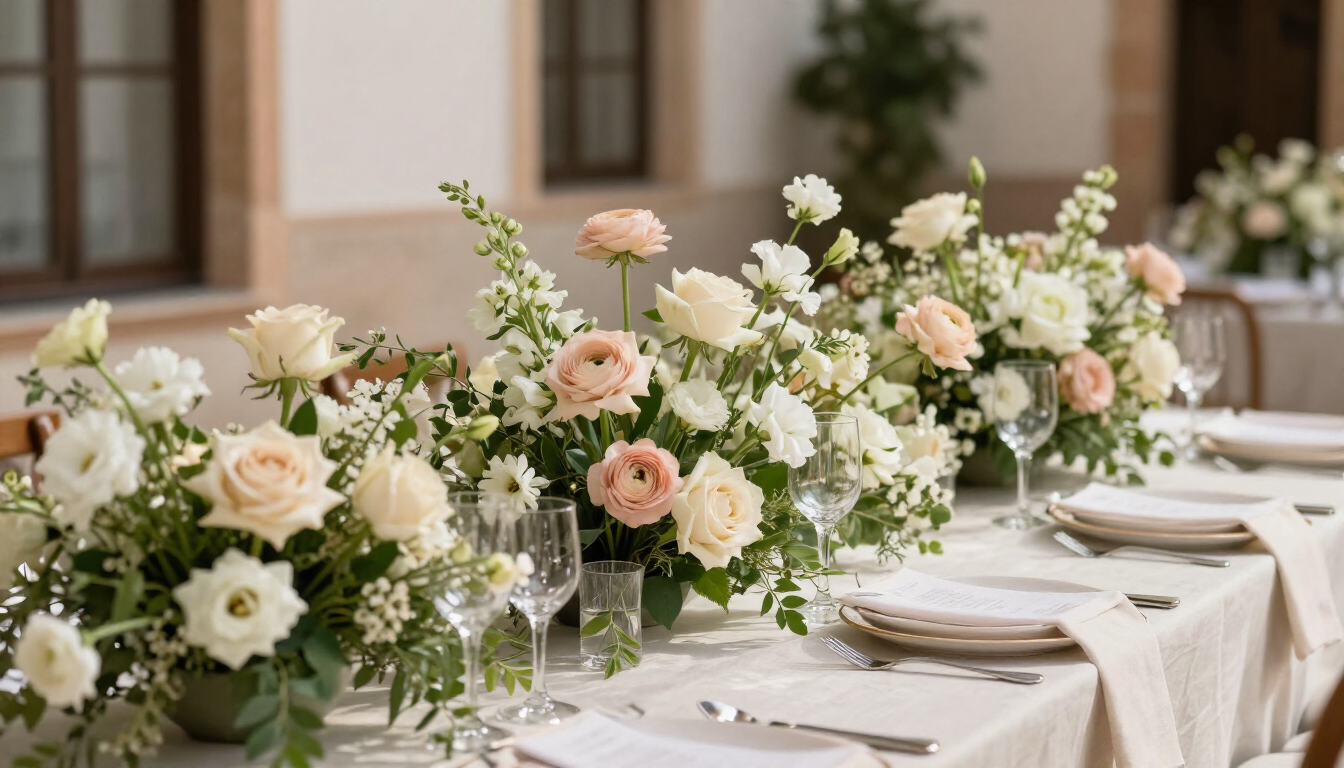 Elegante mesa de banquete con centros de mesa florales en tonos blancos y melocotón, cristalería y cubiertos perfectamente dispuestos