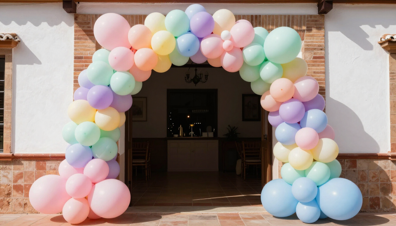 Arco de globos en tonos pastel enmarcando la entrada de un edificio, con grupos de globos rosas y azules en la base