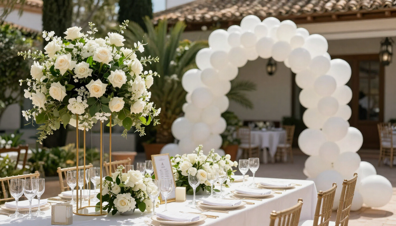 Elegante recepción de boda al aire libre con centros de mesa florales blancos, sillas doradas y un arco de globos blancos.