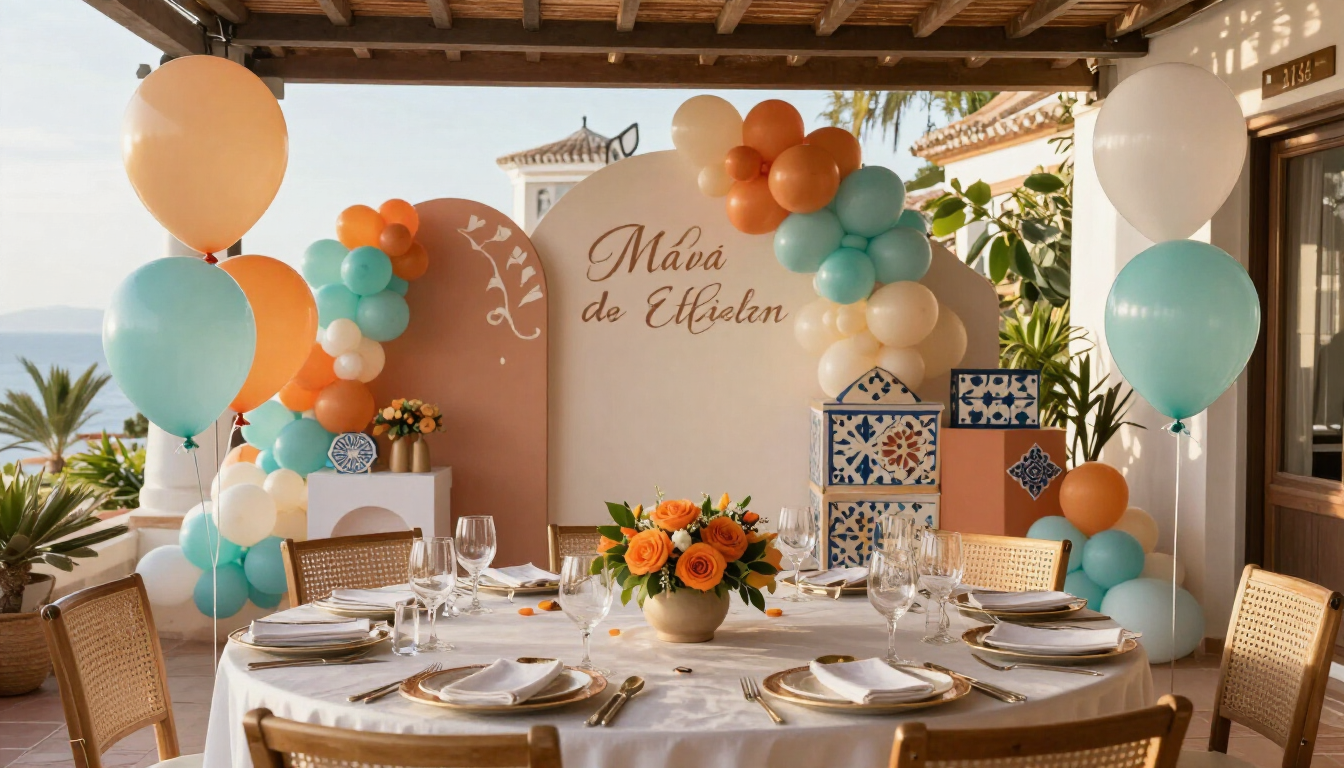 Mesa de postres decorada con globos en tonos pastel bajo una pérgola para celebrar a «Mia de Ébden»