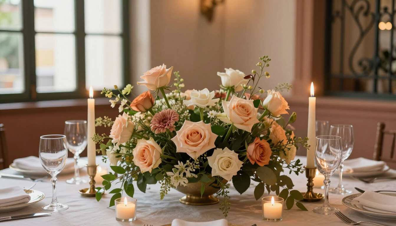 Elegante mesa de comedor con un centro floral en tonos melocotón y blanco, velas y cristalería en una estancia con luz cálida