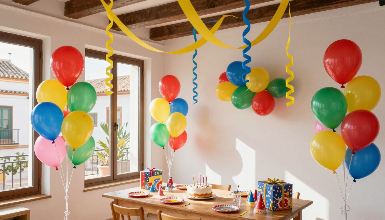 Globos de colores y serpentinas decoran una habitación luminosa con una mesa preparada para una fiesta de cumpleaños.