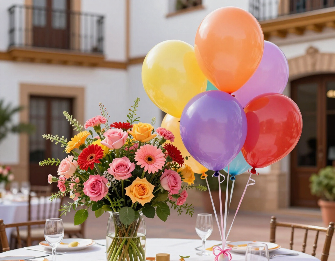 Globos de colores y un ramo de flores sobre una mesa de comedor decorada al aire libre