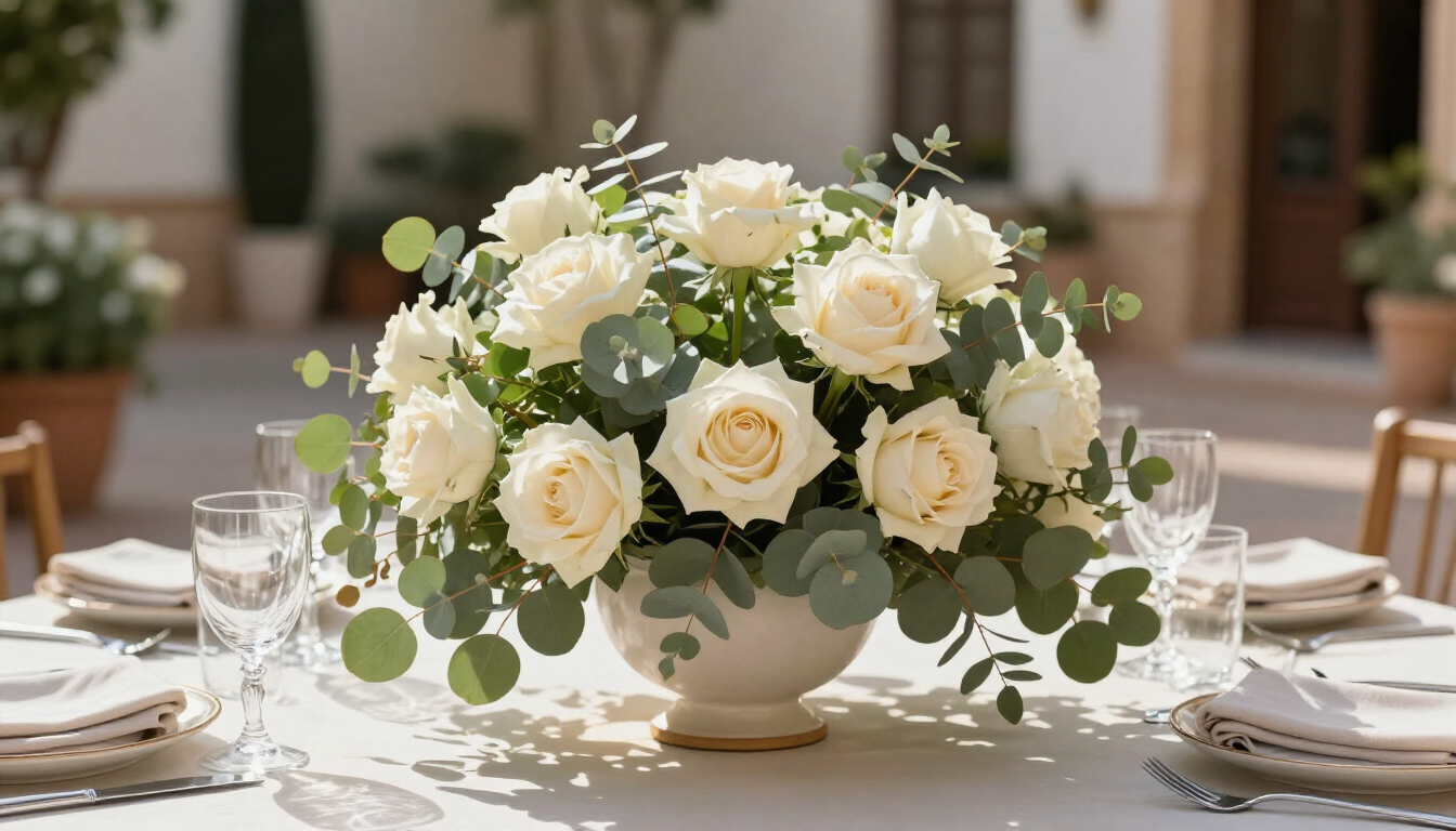 Centro de mesa con rosas blancas en un jarrón color crema sobre una mesa puesta al aire libre, con cristalería y platos
