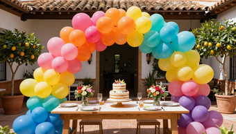 Arco de globos de colores sobre una mesa de postres en un patio, con pastel, flores y sillas en un patio interior