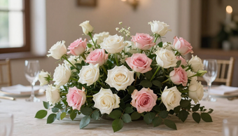 Centro de mesa con un ramo de rosas rosas y blancas sobre una mesa de comedor en una habitación con luz tenue