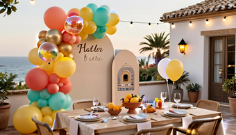 Mesa de cumpleaños al aire libre, decorada con globos en tonos pastel, junto a una casa de estuco al atardecer