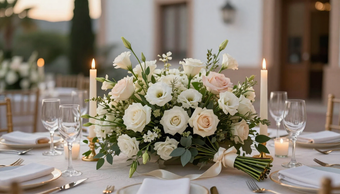 Elegante centro de mesa floral blanco sobre una mesa de comedor al aire libre puesta para una recepción de boda