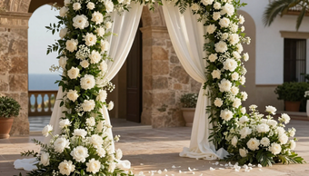 Arco floral para bodas con rosas blancas y color crema, cubierto con tela, en la entrada de un patio de piedra