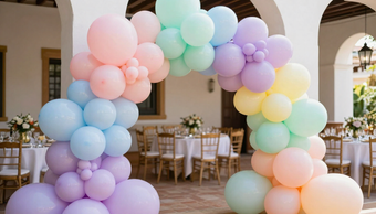 Arco de globos en tonos pastel rosa, azul, morado, verde y amarillo en un recinto para eventos al aire libre