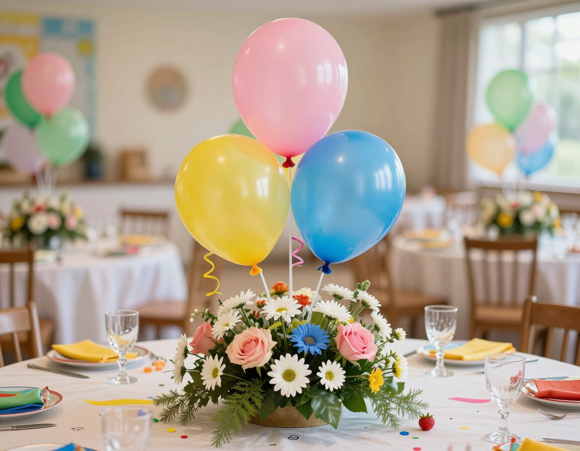Centro de mesa con globos rosas, amarillos y azules sobre flores en una mesa de banquete decorada