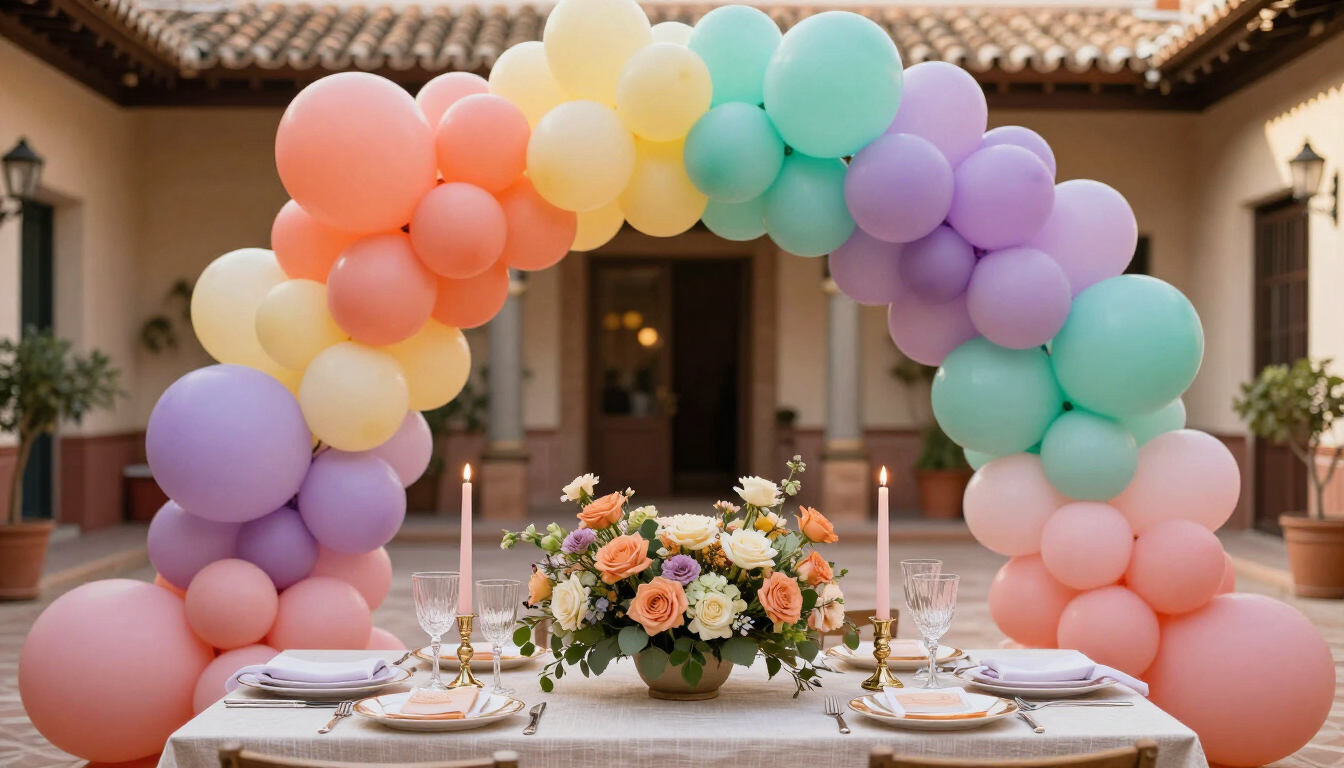 Arco de globos en tonos pastel sobre una mesa de comedor decorada con velas y un centro floral