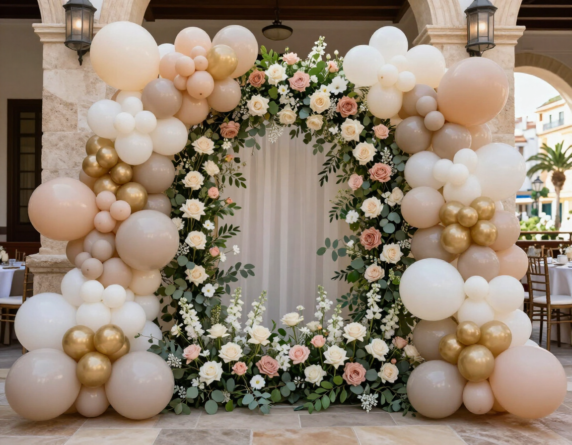 Arco floral para boda con globos blancos, rosa empolvado y dorados, con un patio de fondo