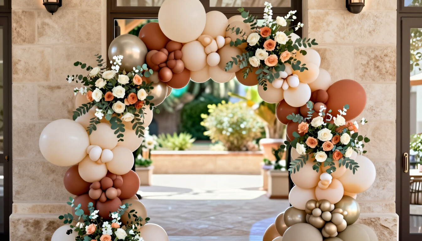 Arco de globos blancos, beige y cobrizos que enmarca una entrada al aire libre decorada con flores