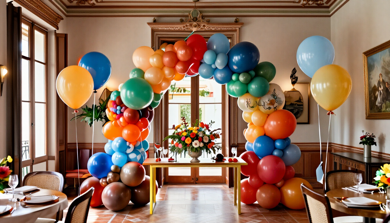 Arco de globos en un comedor con globos de colores, una mesa y sillas junto a una ventana luminosa