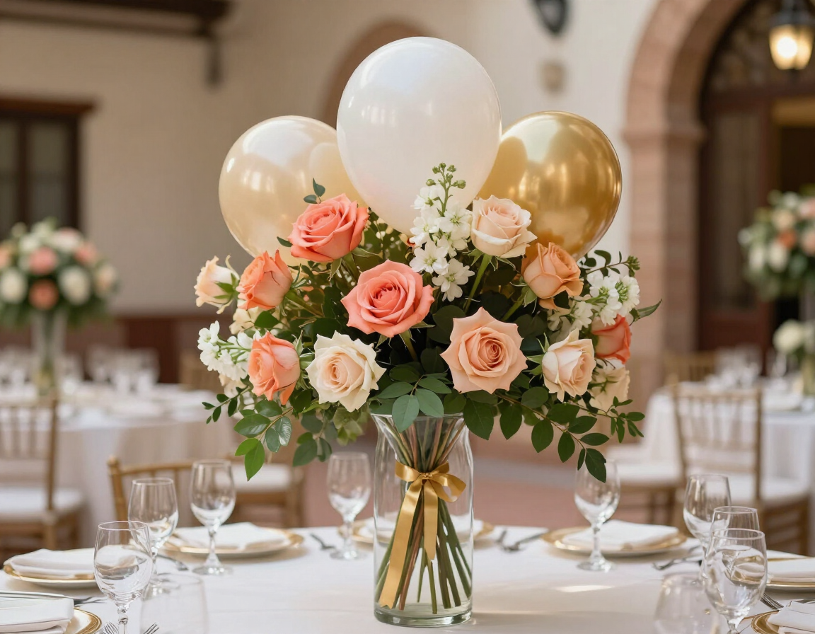 Centro floral con rosas color melocotón y globos blancos sobre una mesa de banquete decorada