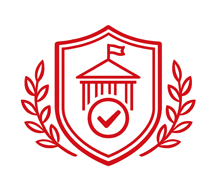 Emblema de escudo rojo con un juzgado, una marca de verificación y ramas de laurel.