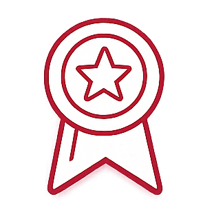 Medalla de premio con contorno rojo, cinta y estrella en el centro sobre fondo blanco.