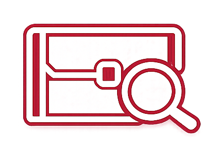 Icono de línea roja de una ventana de navegador con un símbolo de búsqueda de lupa