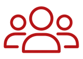 Icono de contorno rojo de tres personas agrupadas, que representa un equipo o una comunidad.