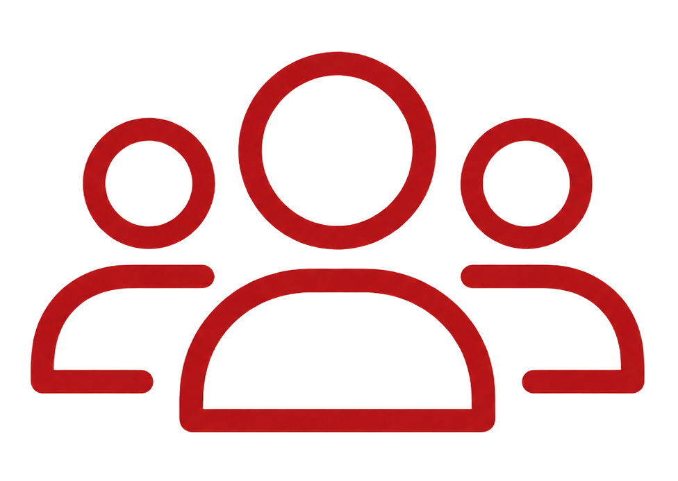Icono de contorno rojo de tres personas agrupadas, que representa un equipo o una comunidad.