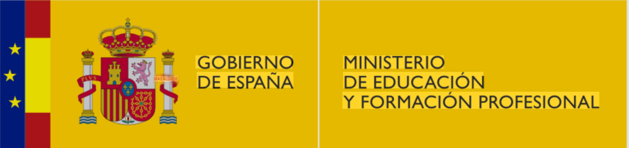 Logotipo del gobierno español y del Ministerio de Educación sobre fondo amarillo, con la bandera y el escudo de armas de la UE.