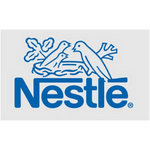 the nestle logo is blue and white with two birds on it .