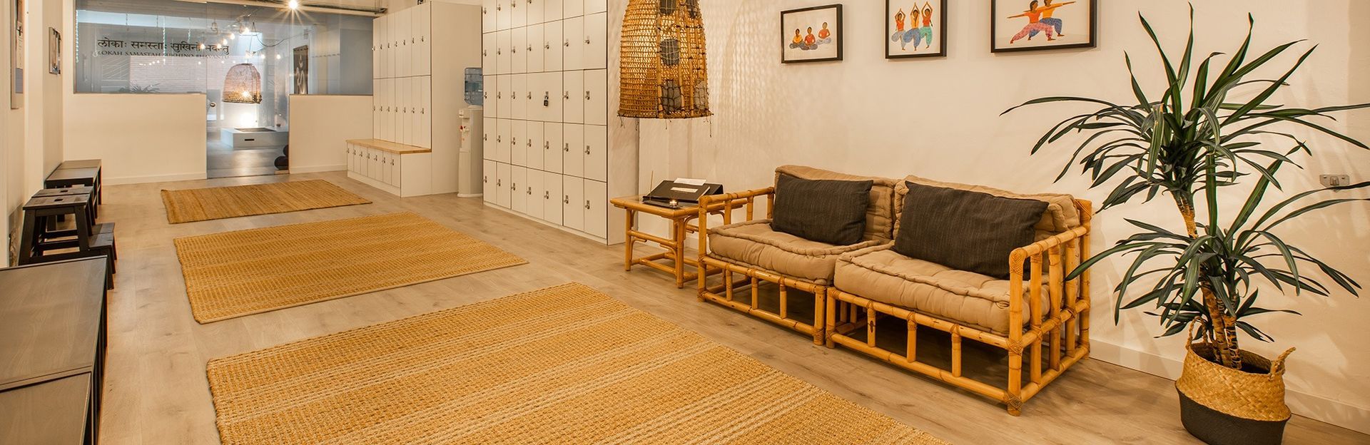 Una sala de estar con un sofá y una planta.