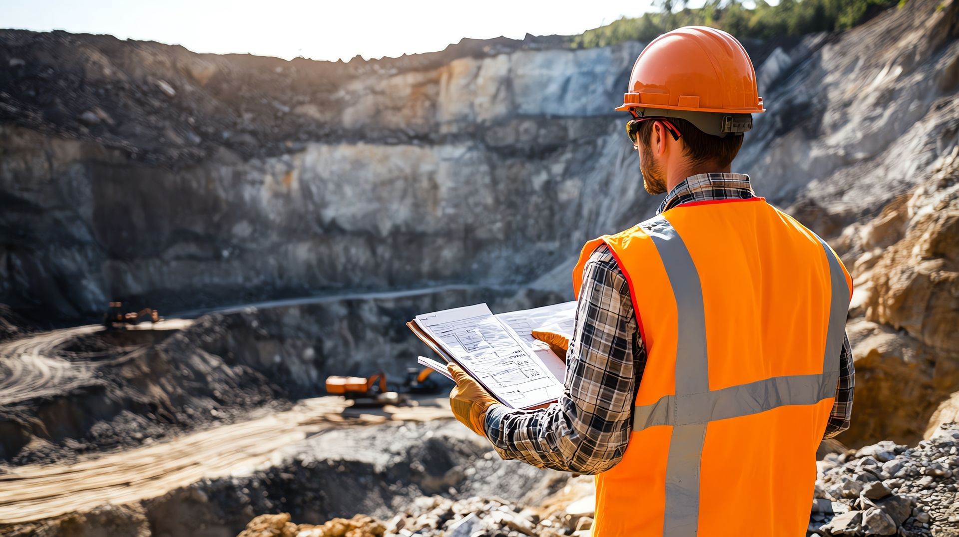 Un ouvrier du bâtiment dans une carrière, portant un gilet de sécurité et un casque de chantier, examine des plans.