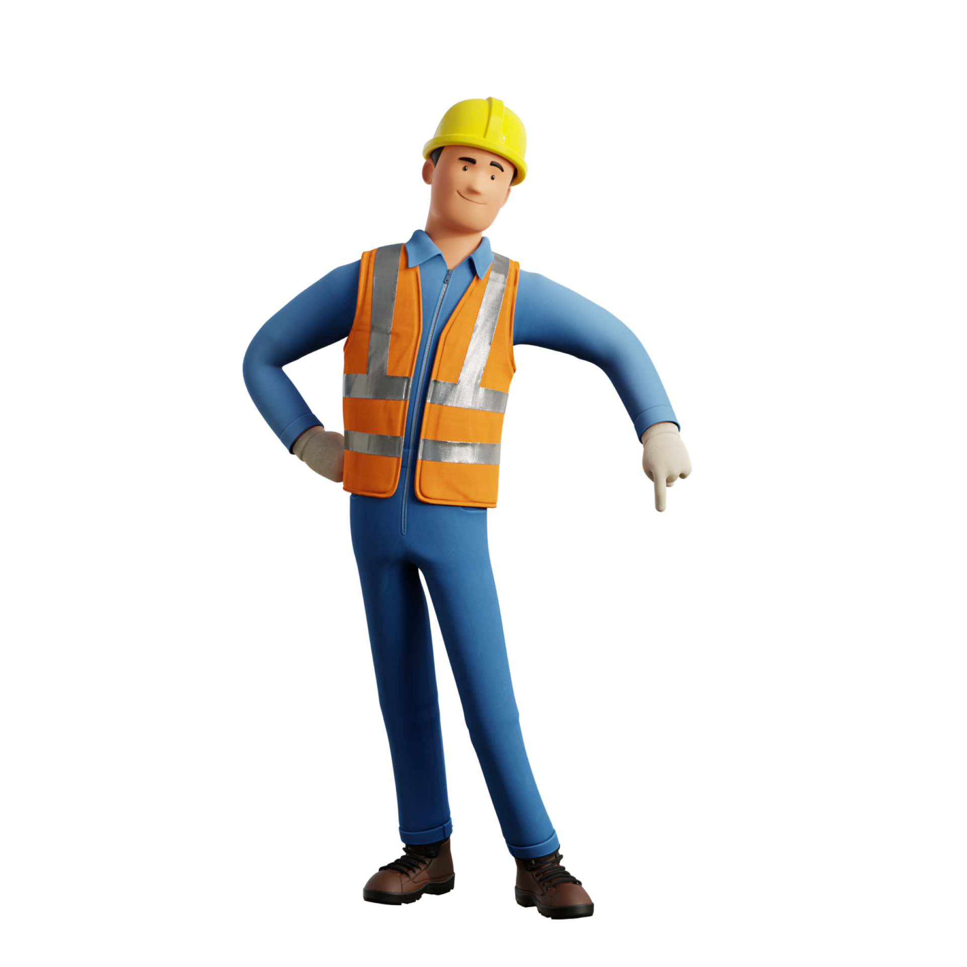 Un ouvrier du bâtiment, portant un casque jaune, un gilet orange et une combinaison bleue, pointe du doigt vers le bas.