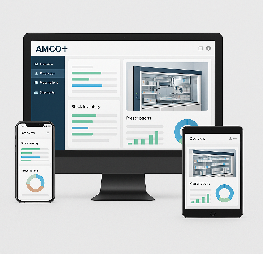 Un ordinateur, une tablette et un smartphone avec AMCO+ sur les écrans