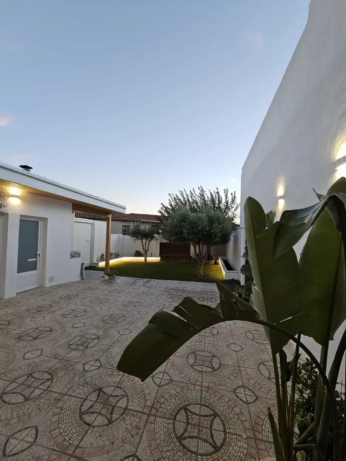 Una casa blanca con un patio y una palmera delante.