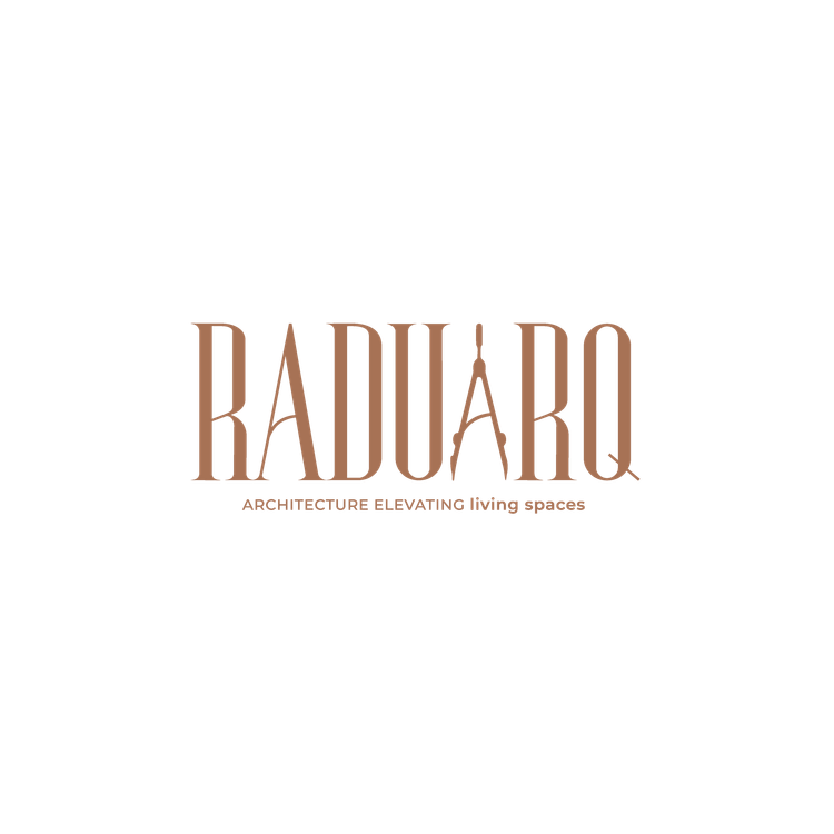 Un logotipo para radu aro arquitectura y diseño con una brújula sobre un fondo blanco.