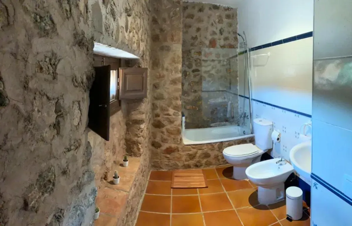 Baño revestido de piedra con inodoro, bidé, lavabo y zona de ducha con mampara de cristal.