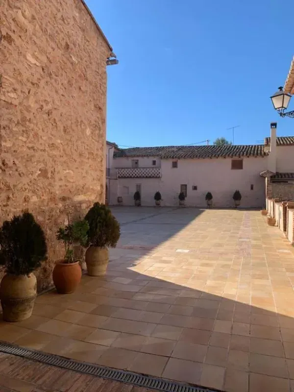 Patio soleado con baldosas, plantas en macetas, muros de piedra y un cielo azul despejado.