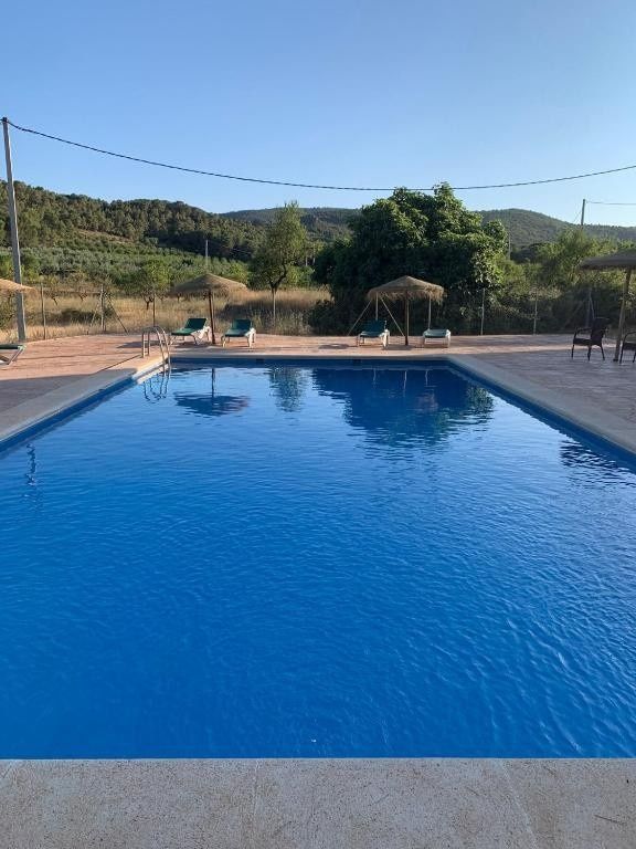 Piscina al aire libre con agua azul, tumbonas y un patio sombreado junto a verdes colinas y un cielo despejado.