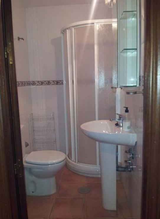 Un baño con inodoro, lavabo y ducha.