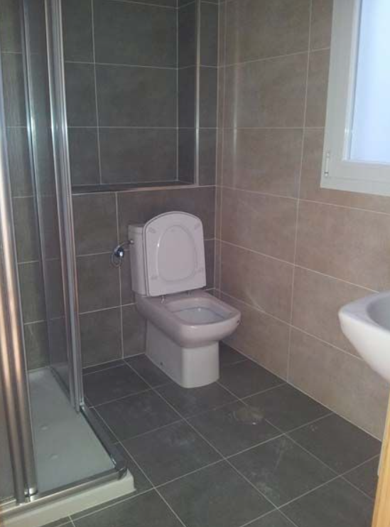 Un baño con inodoro, lavabo y ducha.