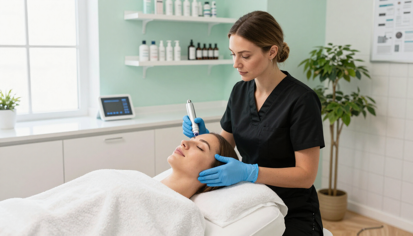Esteticista aplicando un tratamiento facial a una clienta en una cabina de spa con una camilla blanca y estantes con productos para el cuidado de la piel.