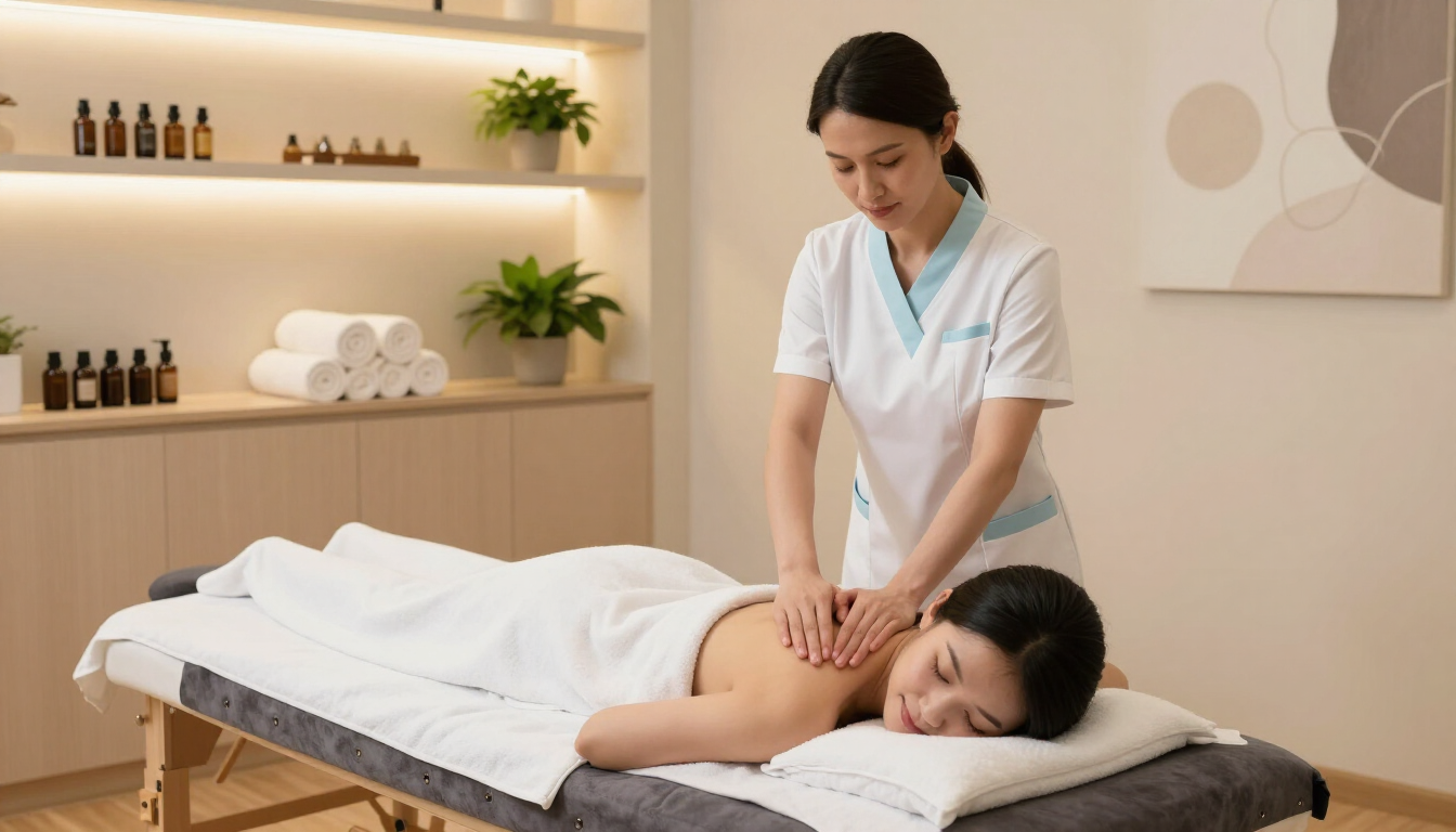 Masajista dando un masaje de espalda a un cliente en una tranquila sala de spa.