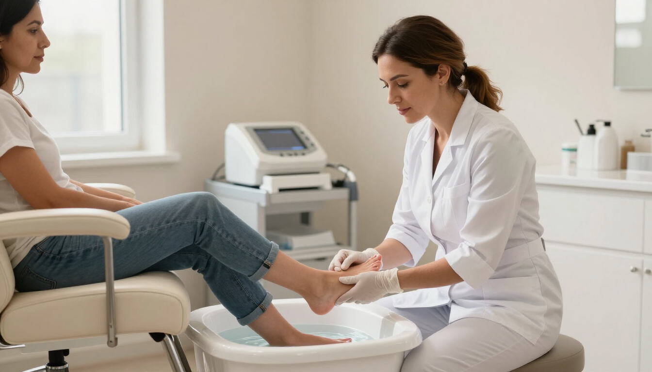 Médico examinando el pie de un paciente en un consultorio médico.