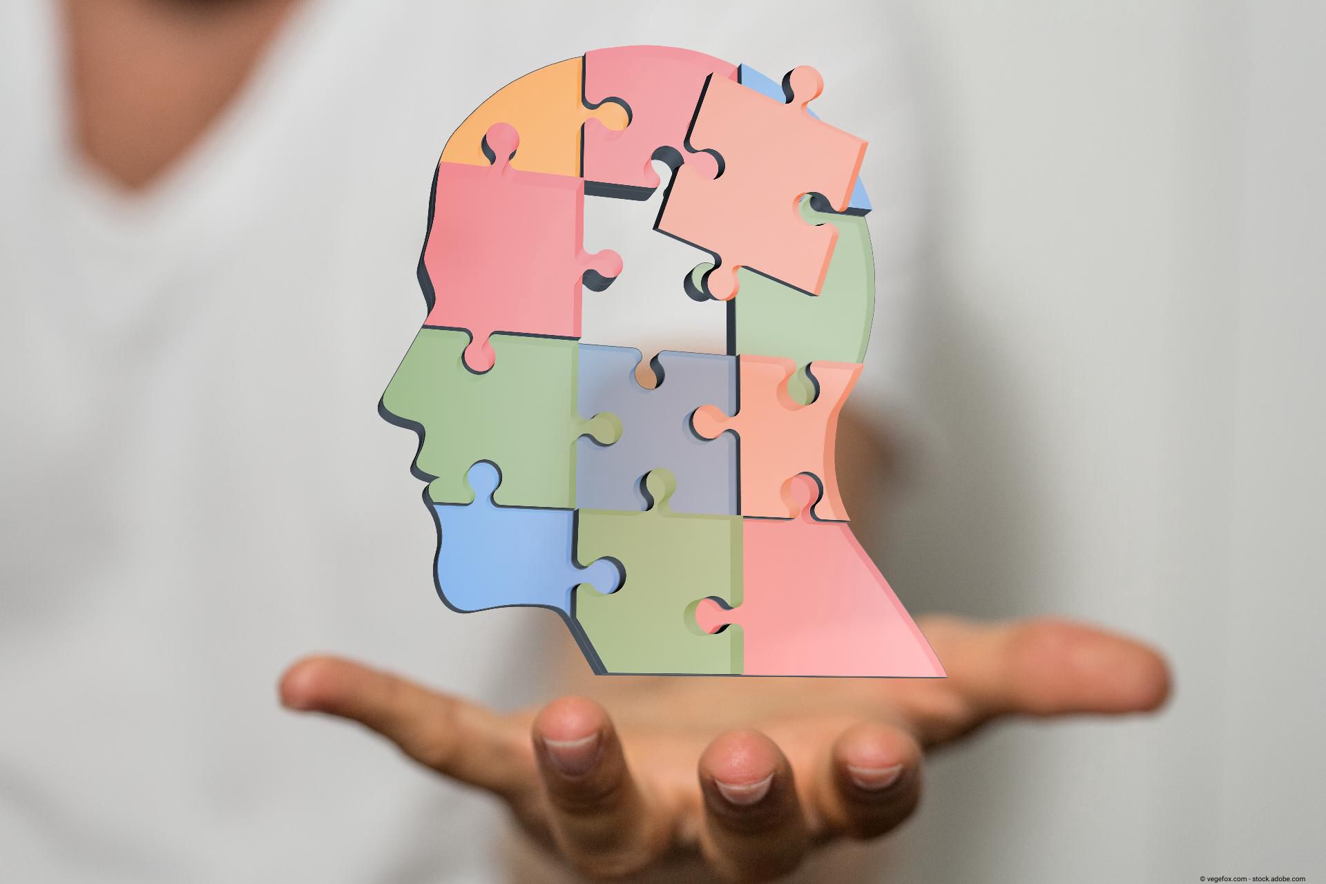 Symbolische Darstellung eines menschlichen Kopfes aus Puzzleteilen als Sinnbild für mentale Gesundheit.